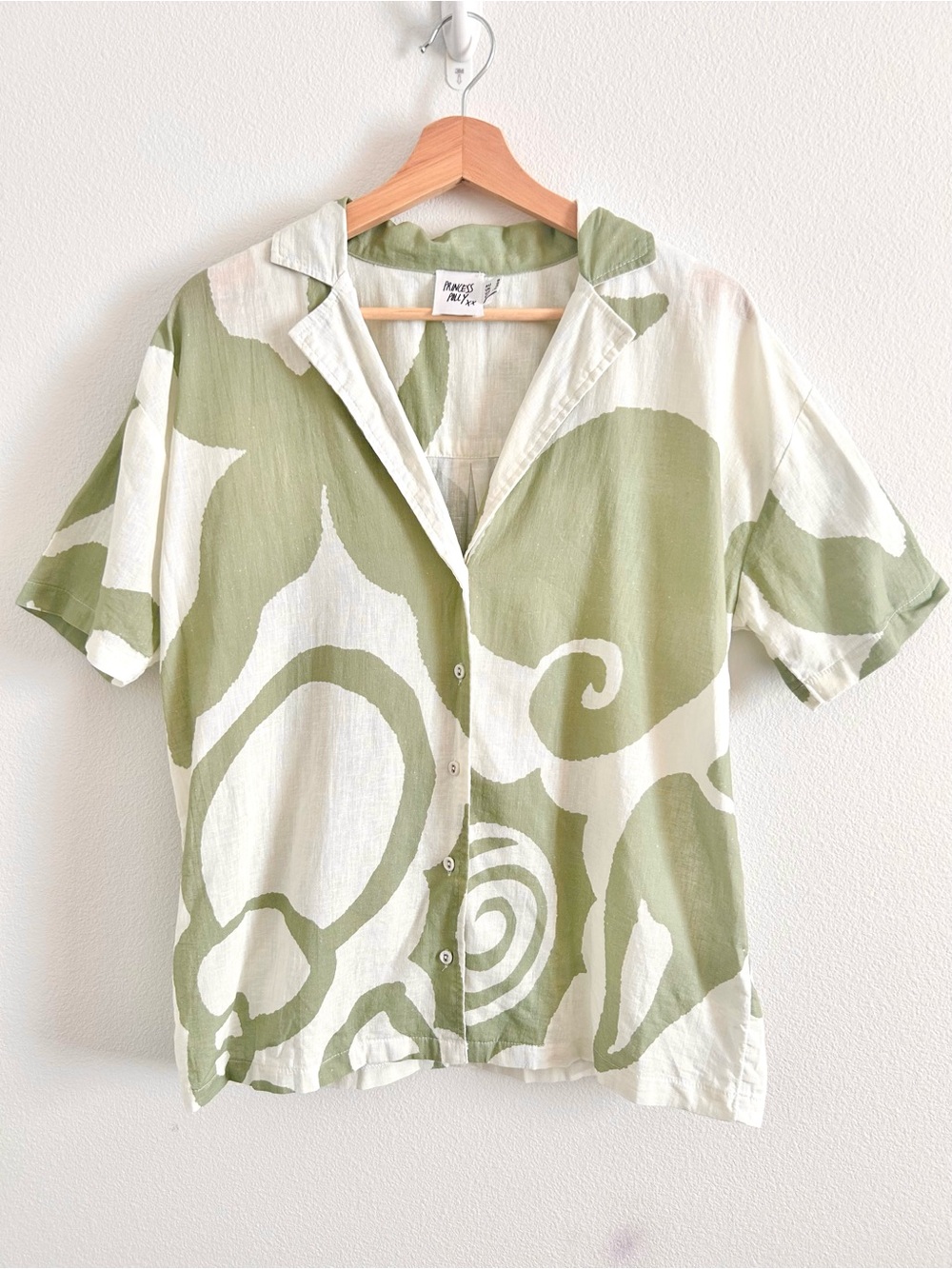 Princess Polly Organic Cotton/Flax Beach Cover Up Shirt | Olive Swirl | Size 4